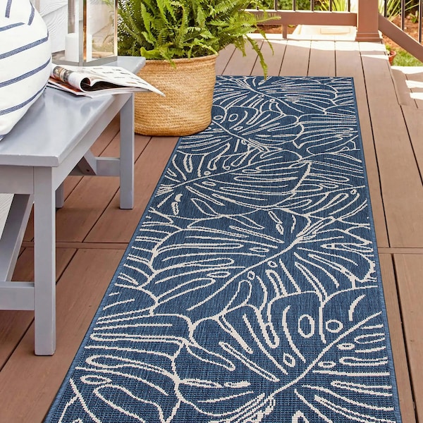 World Rug Gallery Contemporary Tropical Leaves Weather Resistant Indoor/Outdoor Runner Rug 2' x 7' Blue 4031BLUE2X7 - main